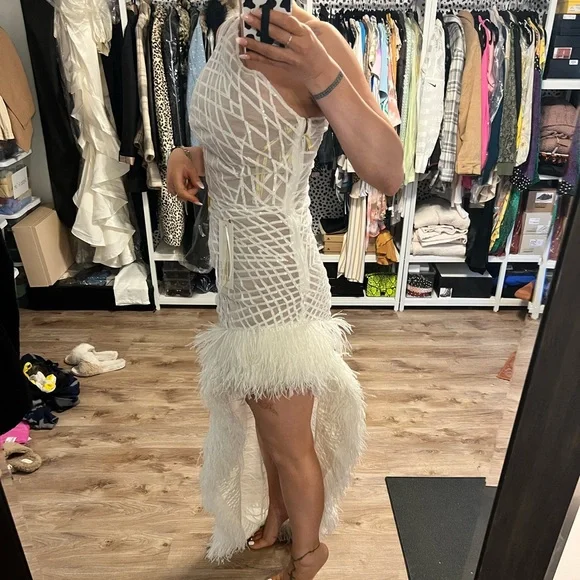 Bronx And Banco Lola Blanc Sheer Asymmetrical Feather Trim Gown - Picture 5 of 6